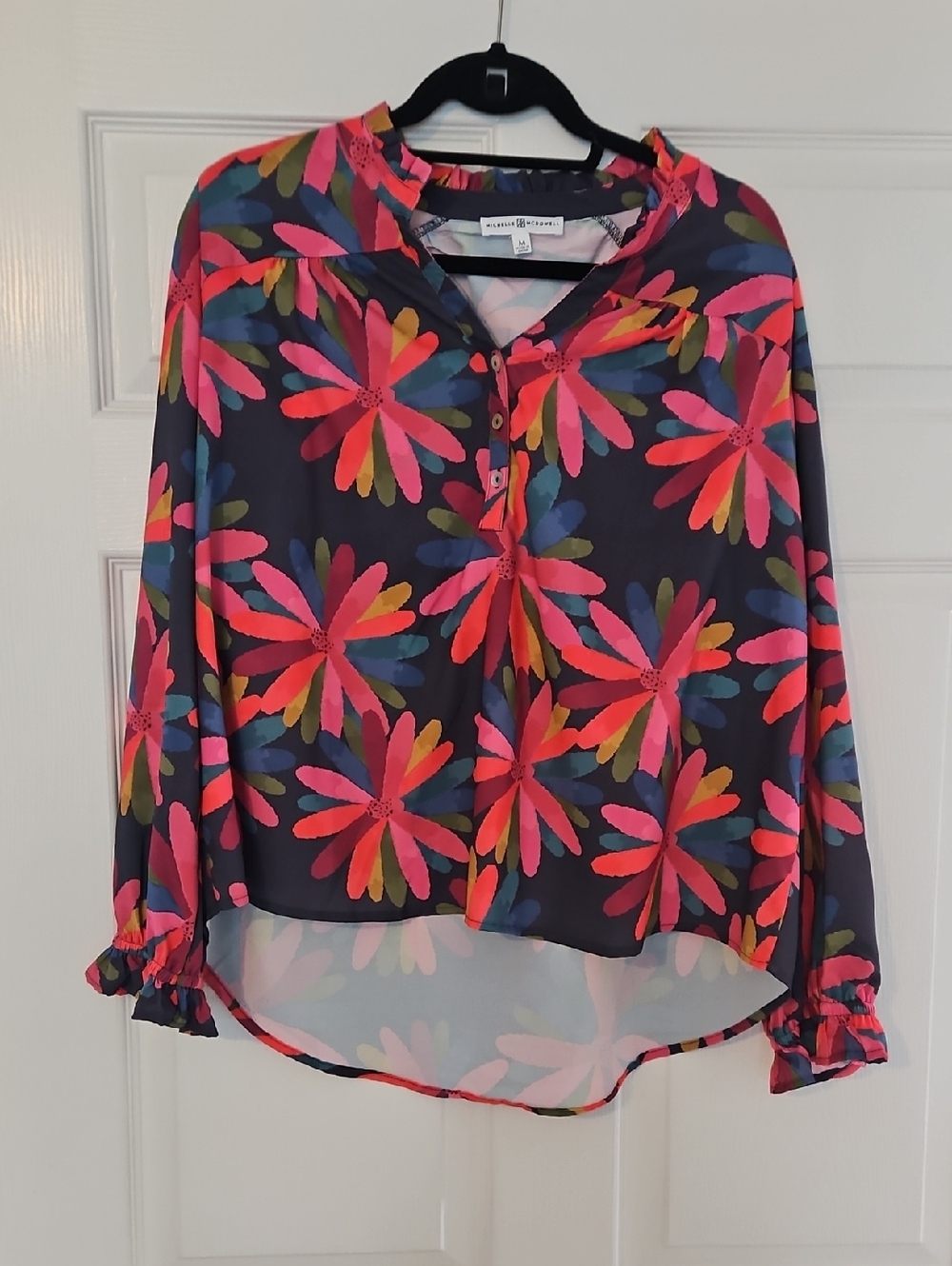 Black Floral Button-Front Blouse with Pink and Red Daisy Print